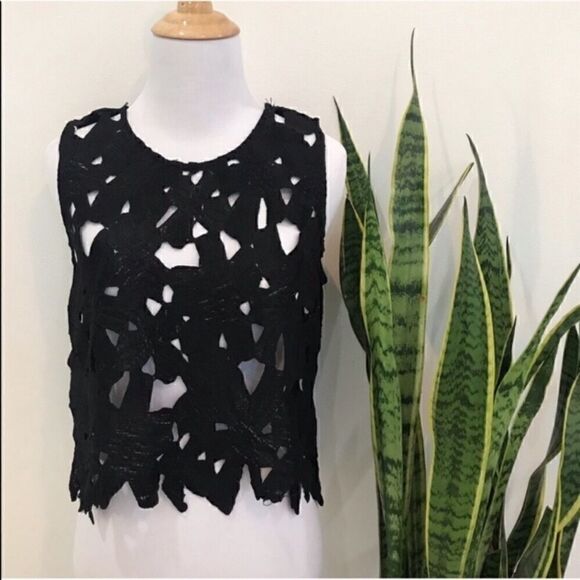 Caution To The Wind Tops - Caution To The Wind Lace Cut Out Cropped Round Neck Pull Over Black Tank-top